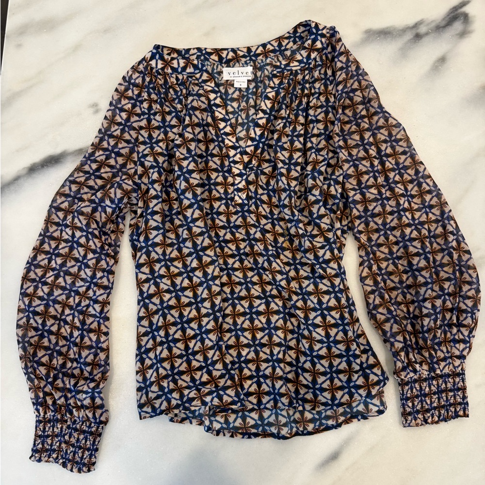 Lux Women's Geometric Blue and Brown Top